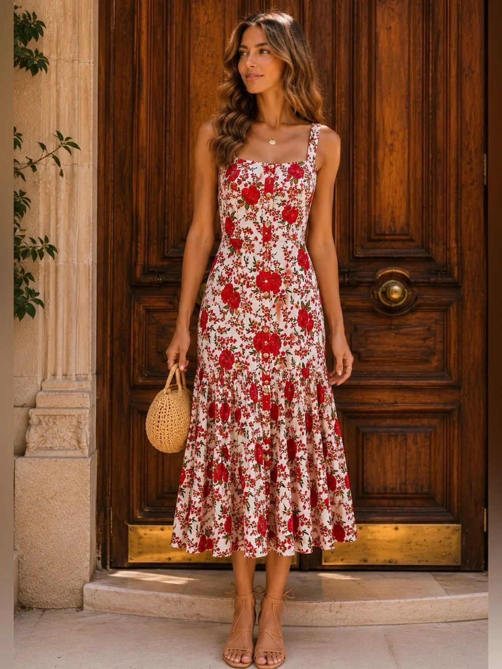 Alexis Amal Pleated Rose-Print Sleeveless Dress | Floral Embroidered Midi